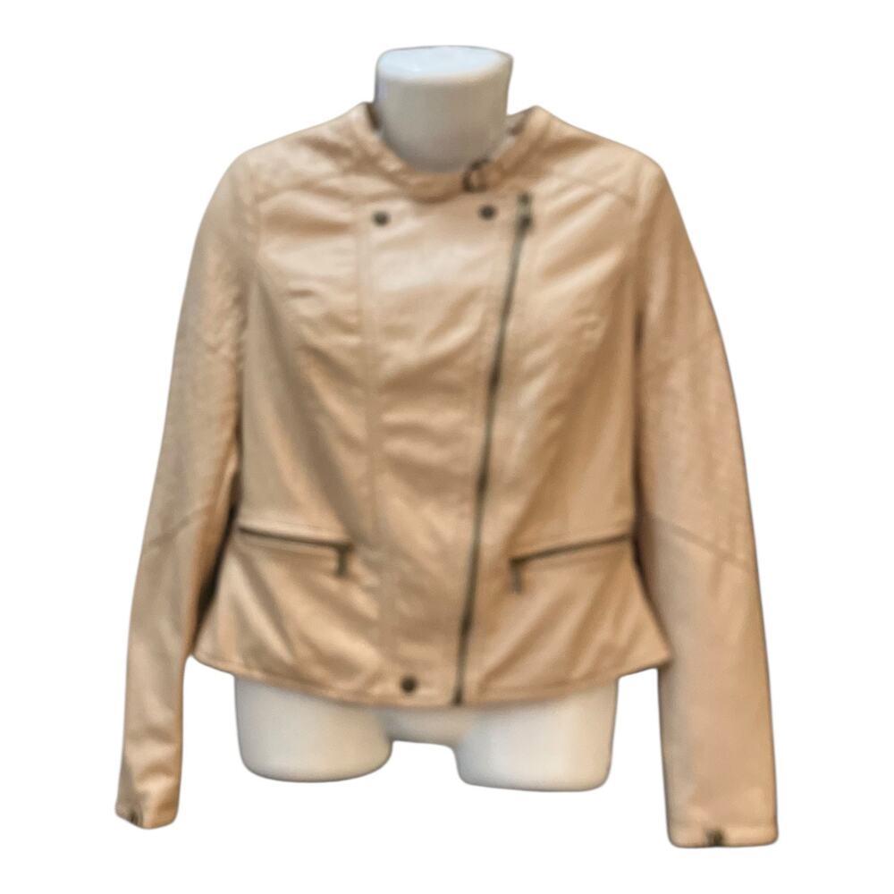 JouJou Women's Beige Faux Leather Full Zip Moto Jacket Zipper Pockets Snaps SZ L - Picture 3 of 11